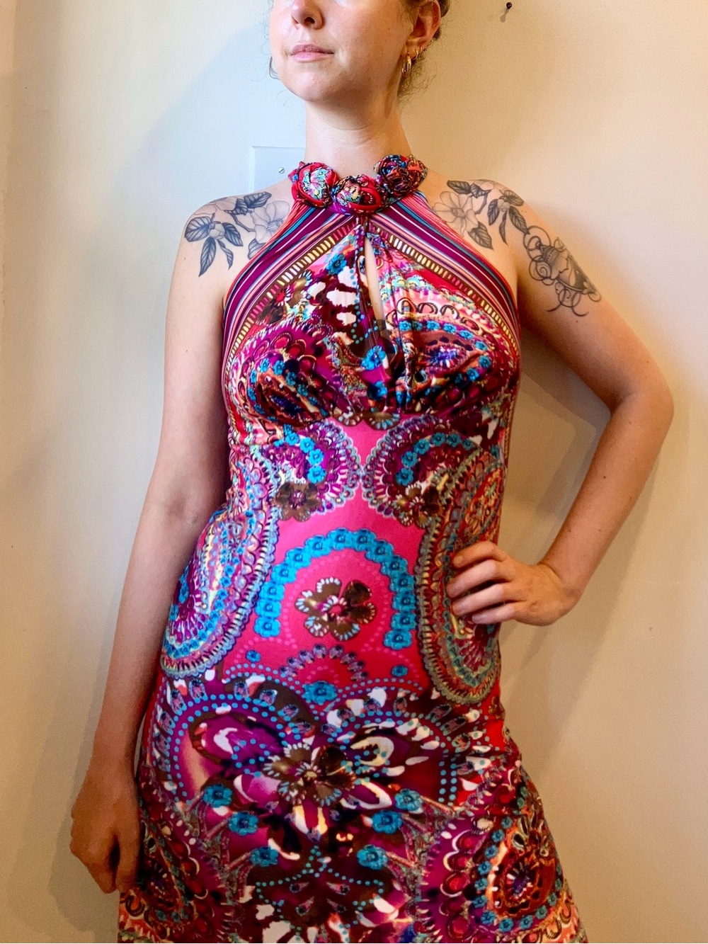 My Story Pink Paisley Halter Mini Dress made in France size small or medium